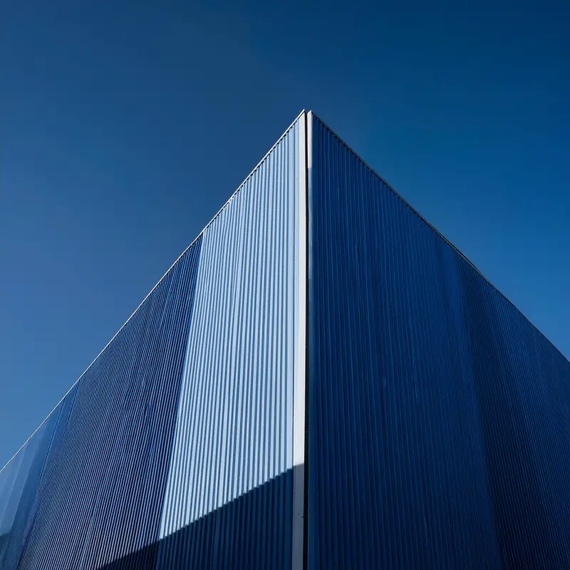 Two corrugated facades of a modern blue building converging into a sharp corner against a clear sky, symbolizing distinct capabilities meeting in one well-designed structure
