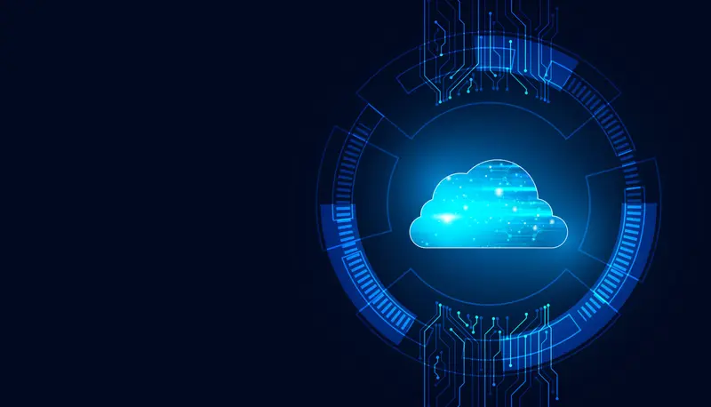 A glowing blue cloud icon at the center of a circular technology interface, with circuit-board traces radiating outward across a dark navy background.