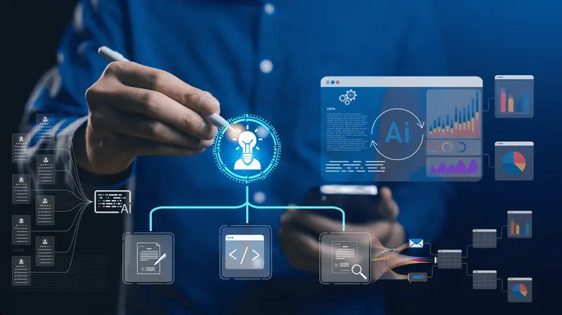 Software Engineer using a futuristic tablet screen configuring multi agents.